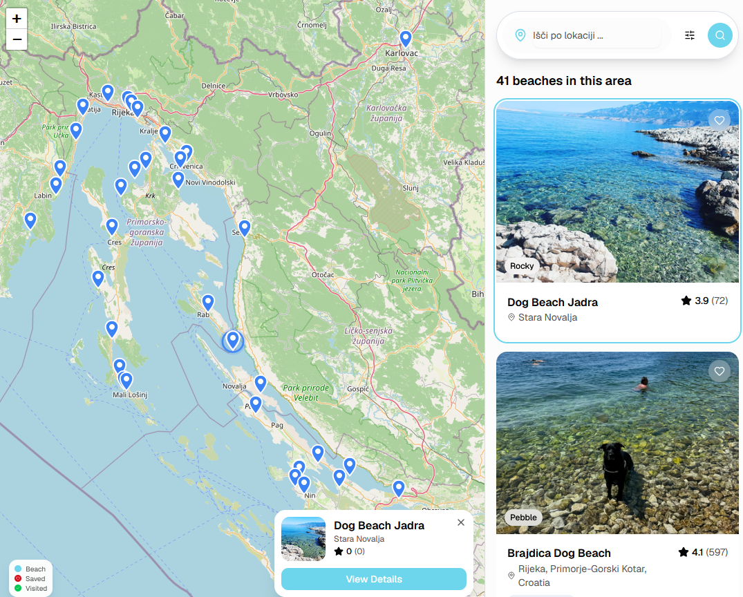 Map of dog-friendly beaches along the Croatian coast